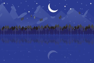 Winter season, mountains with ice and water reflection on night time beautiful landscape vector illustration background with moon.