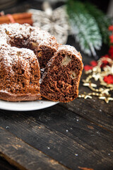 christmas cake sweet homemade cakes dessert new year chocolate sponge cake food background rustic top view copy space