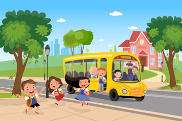 Vector cartoon yellow school bus with pupil