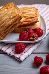 Delicious fresh pastries with raspberries in a white plate on a wooden table.