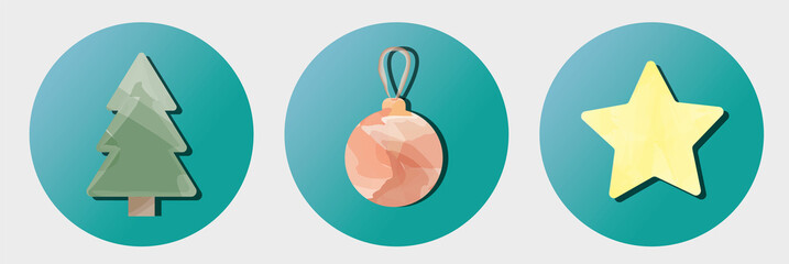 christmas set, fir tree, star, christmas ball watercolor