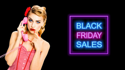 Portrait image - pensive, puzzled or thinking woman with phone tube. Unhappy pin up girl. Retro and vintage ad concept. Dark background. Black Friday sales neon light sign text.