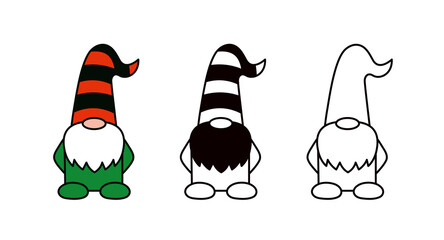 Garden gnome or dwarf in striped hat. Cartoon isolated illustrations. Vector magic character for Christmas, spring or summer design. Line and color icons. Icon set
