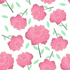 Vector seamless background with pink roses. Rose bud and green stem. Vector illustration. Floral pattern on a white background. Summer picture.