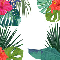 Fototapeta na wymiar Floral card with tropical leaves and hibiscus. Summer frame. For wedding, birthday, party, save the date. Vector illustration.