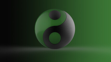 3d illustration green black Ying Yang symbol ball. Stock image.