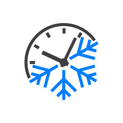 Tiempo de invierno. Logotipo con esfera de reloj simple y copo de nieve con lineas en color gris y azul