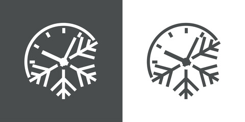 Tiempo de invierno. Logotipo con esfera de reloj simple y copo de nieve con lineas en fondo gris y fondo blanco