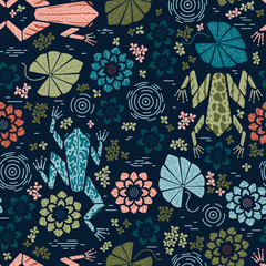Pond Colorful background. Swamp Frogs and Plants Vector Seamless Pattern. Marsh Frog with Water Lily Flowers and Leaves. Cartoon Geometric Style