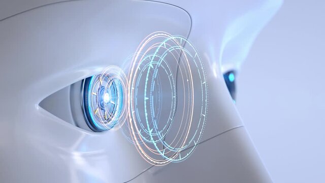 Humanlike robot's eye with hologram. 3D animation