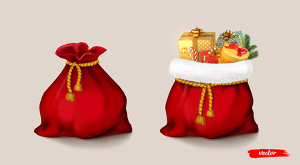 Santa Claus red bag set. Open and closed Christmas bags with gifts. Realistic vector illustration