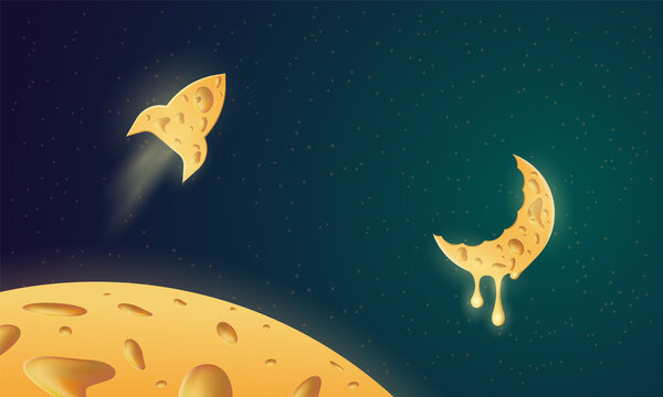 Space Background With Cheese Texture Objects. Cheese Rocket Flies To The Moon With Melting Cheese  Texture.