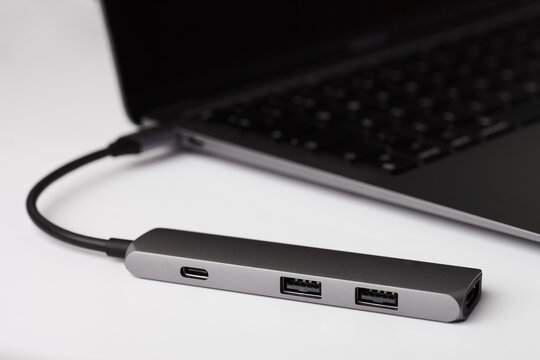Close-up photo of type-c hub connected to laptop