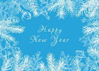 Fototapeta na wymiar Winter botanical card wiht spruce and roses. New year illustration. Floral background with coniferous, hand-drawn in vector. Skyblue and White background.
