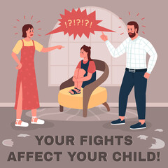 Family conflict social media post mockup. Your fight affect your child phrase. Web banner design template. Parenting booster, content layout with inscription. Poster, print ads and flat illustration
