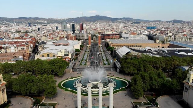 Drone shot of the National Palace in Barcelona. National Museum of Art of Catalonia. View from a drone museum in Barcelona. Montjuic. Mountain in the capital of Catalonia Barcelona