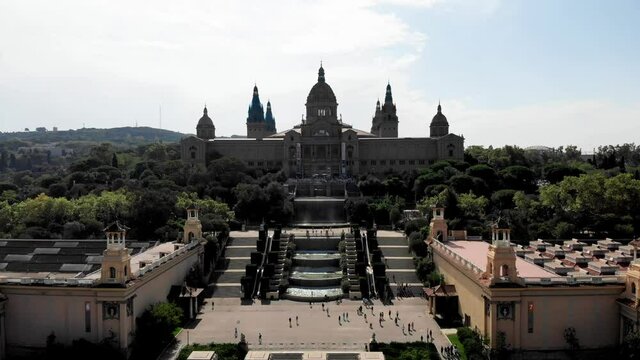 Drone shot of the National Palace in Barcelona. National Museum of Art of Catalonia. View from a drone museum in Barcelona. Montjuic. Mountain in the capital of Catalonia Barcelona