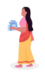 Woman in sari giving gift semi flat color vector character. Posing figure. Full body person on white. Celebrate Diwali isolated modern cartoon style illustration for graphic design and animation