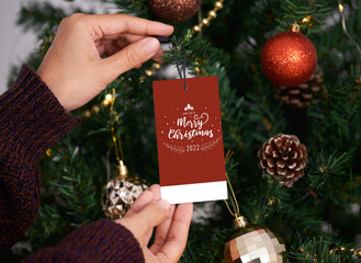 Hand holding christmas greeting tags 2022 on christmas tree background.