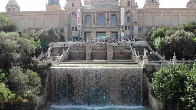 Drone shot of the National Palace in Barcelona. National Museum of Art of Catalonia. View from a drone museum in Barcelona. Montjuic. Mountain in the capital of Catalonia Barcelona