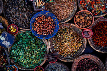 Exotic colorful spices on moroccan street market.