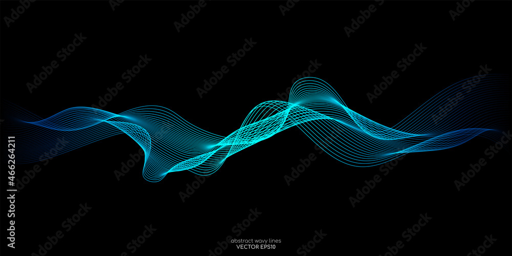 Poster vector abstract light lines wavy flowing dynamic in blue green colors isolated on black background f