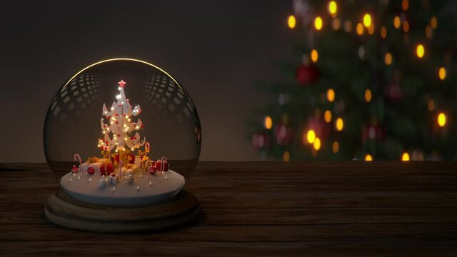 Christmas snowglobe in living room. Seamless loop 3D render animation