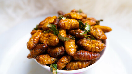 Silkworm pupa fried, street food at Thailand , Close-up Oily taste and salty silkworms