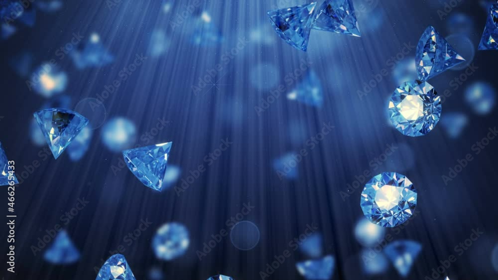Poster endless rain of blue sapphires in light rays. 3d render seamless loop animation