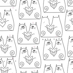 Lovely Seamless pattern with line valentine cats holding heart