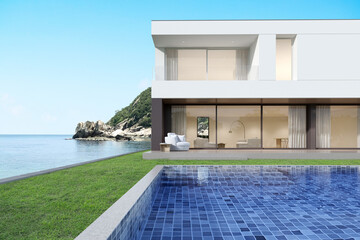 3d rendering of modern luxury house with swimming pool on sea background.