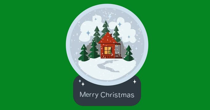 Animated snow globe on a stand on a green screen background. Snowfall in a glass ball, a cozy house, mountains, Christmas trees. Animated winter landscape in a glass ball
