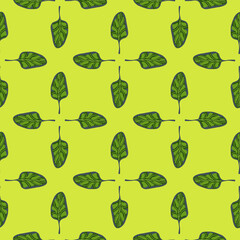 Seamless pattern Spinach salad on light green background. Minimalistic ornament with lettuce.
