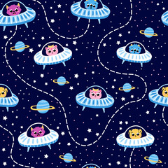 Galaxy adventure with cute fluffy alien monsters, flying ufo and planets, seamless pattern for kids with outer space theme, fantastic creatures in cartoon style on dark background