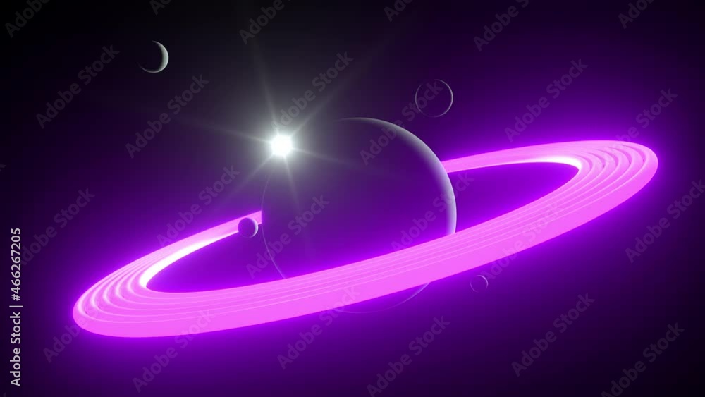 Poster shiny planet with luminous ring and many satellites on the outer space. sci-fi concept. 4k render