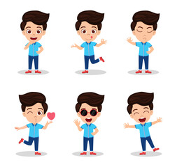 Cute beautiful kid boy character wearing beautiful outfit and doing different action activity with different facial expressions and emotions waving posing jumping