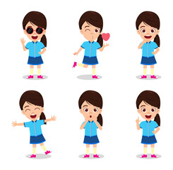 Cute beautiful kid girl character wearing beautiful outfit and doing different action activity with different facial expressions and emotions waving posing jumping