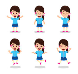 Cute beautiful kid girl character wearing beautiful outfit and doing different action activity with different facial expressions and emotions waving posing