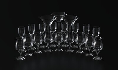 Lots of wine glasses of different shapes. Dark background. 3d rendering