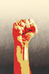 Raised fist concept. Digital draw of a man closed fist finished with stencil or silkscreen printing...