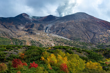 Obraz premium 北海道秋の風景 十勝岳連峰の紅葉
