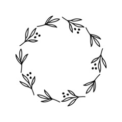 Fototapeta na wymiar Hand-drawn wreath with dots. Black plant doodle wreath for Christmas decoration.