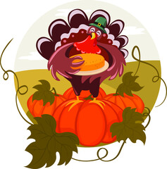 Happy thanksgiving cute turkey on pumpkin