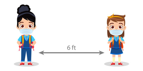 Cute beautiful kid school girls character wearing school uniform and facial mask standing with social 6ft distance