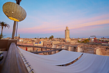 View of Marrakesh Old Town from the roof top terrace. Marrakech Medina, Morocco, Africa.