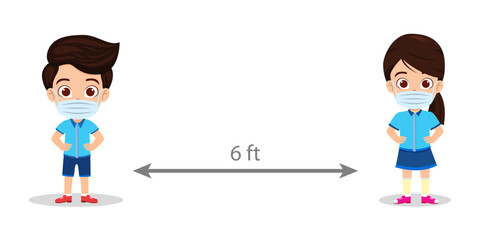 Cute beautiful kid boy and girl character wearing beautiful outfit and facial mask standing with social 6ft distance