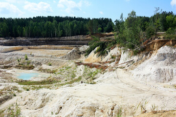 Turquoise puddles at the bottom of the open pit