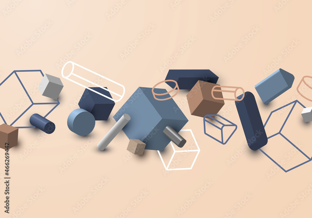 Poster set of abstract 3d geometric elements with shadow and outlines graphic background