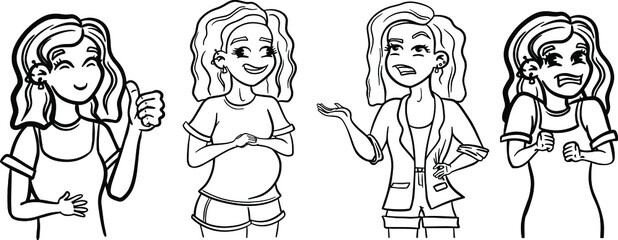 Vector set of contour of girl with different emotions: like, stupid, fear, claim. Pregnant stupid