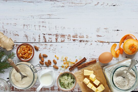 Concept homemade Christmas baking with traditional  food ingredients. Selective focus